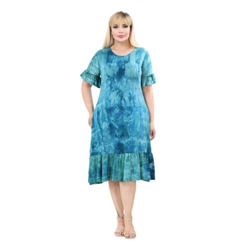 Melsay Butik Turkuaz Batik Yıkamalı Kısa Kollu Fırfırlı Cepli Kadın Midi Elbise