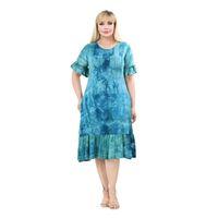 Melsay Butik Turkuaz Batik Yıkamalı Kısa Kollu Fırfırlı Cepli Kadın Midi Elbise