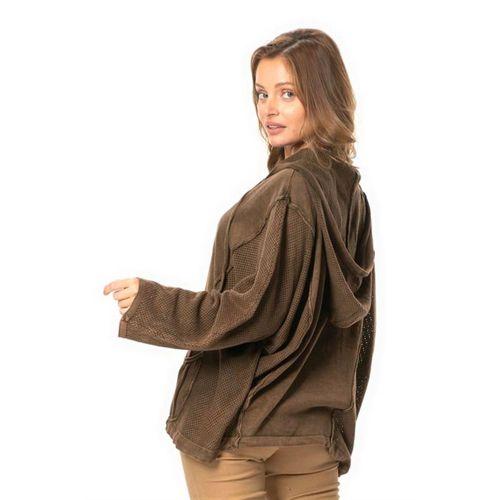 Uzun Kol Ceren Fileli Düğme Detaylı Çift Cepli Kışlık Kapüşonlu Triko Bluz Kahve Khv