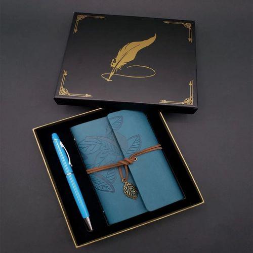 Siyah Kutulu Yaprak Desenli Mavi Deri Defter Ve Kalem Seti