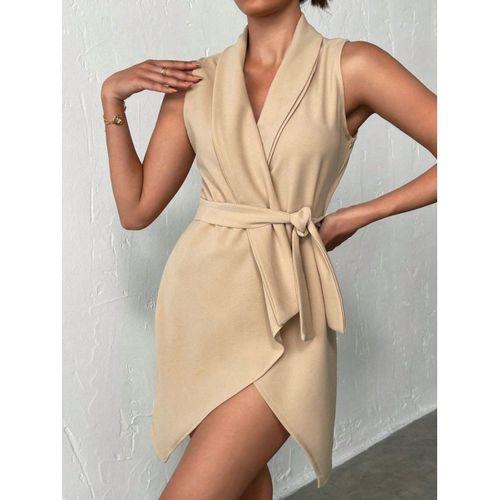 Kruvaze Yaka Kuşaklı Krep Kumaş Elbise