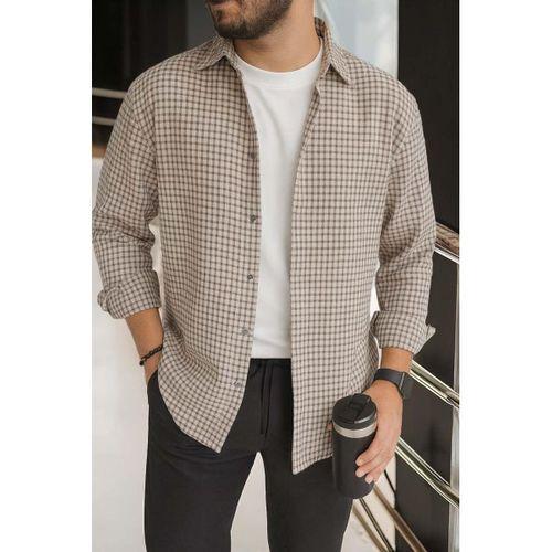 Jonas Ekose Küçük Kareli Relaxed Fit %100 Pamuklu Flanel Kumaş Erkek Gömlek - Bej