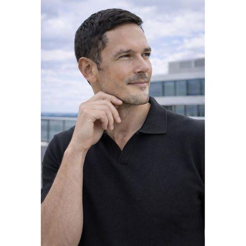 Dawson Polo V Yaka Düğmesiz Kısa Kollu İnce Triko Erkek T-Shirt - Siyah