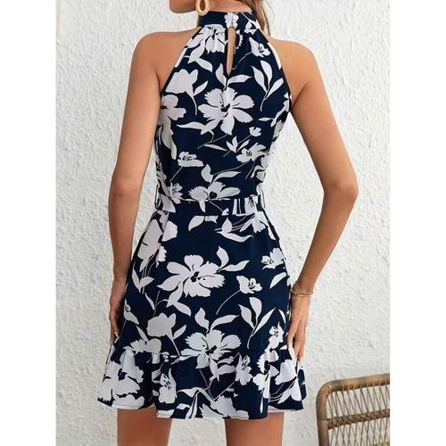 Kadın Omuzlardan Açık Balıkçı Yakalı Kuşaklı Desenli Kısa Süprem Elbise