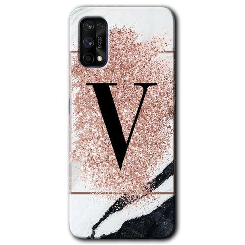 Realme 7 Pro Kılıf Baskılı Kapak - Pembe Mermer Desenli V Harfi + 5D Tam Kaplayan Cam