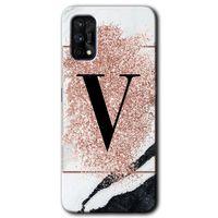 Realme 7 Pro Kılıf Baskılı Kapak - Pembe Mermer Desenli V Harfi + 5D Tam Kaplayan Cam