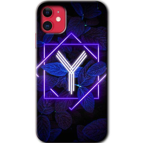 iPhone 11 Kılıf Baskılı Kapak - Dark Neon Yaprak Y Harfi + 5D Tam Kaplayan Cam