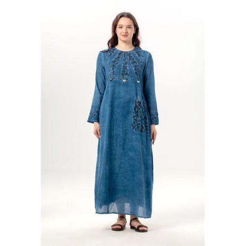 Uzun Kol Sultan Tek Cepli Yazlık Uzun Poplin Elbise İndigo indg