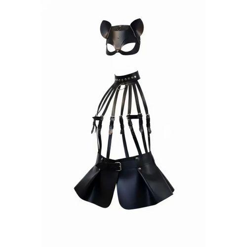 Siyah Etek Deri Harness Detaylı Etek Zımbalı Mini Etek - Brf1313