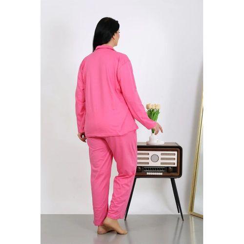 Kadın Büyük Beden Pamuklu Cepli Düğmeli Pembe Pijama Takım