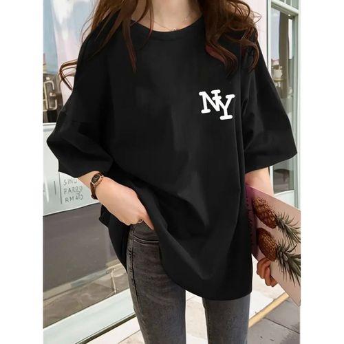 Baskılı Oversize Bisiklet Yaka T-shirt - Siyah