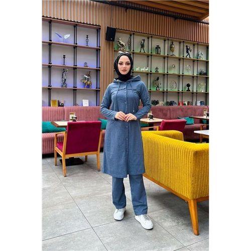 Kapşonlu Düğmeli Sade Basic Uzun Tunik ve Pantolon İkili Spor Takım - 03072.006 - İndigo