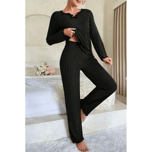 Kadın Siyah Fiyonk Detaylı Uzun Kollu Yuvarlak Yaka Mevsimlik Pijama Takımı Premium Ev Giyim