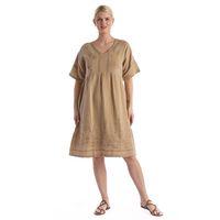 Kısa Kol Vizon V Yaka Nakışlı Midi Boy Müslin Yazlık Elbise