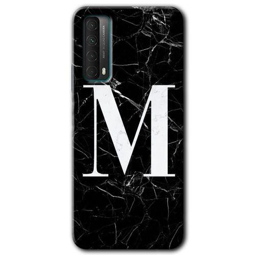 Potkal Hediye Fabrikası Huawei P Smart 2021 HD Baskılı Kılıf + 9D Tam Ekran Koruyucu - Siyah Mermer Desenli M Harfi