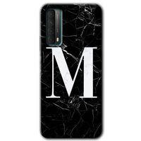 Potkal Hediye Fabrikası Huawei P Smart 2021 HD Baskılı Kılıf + 9D Tam Ekran Koruyucu - Siyah Mermer Desenli M Harfi