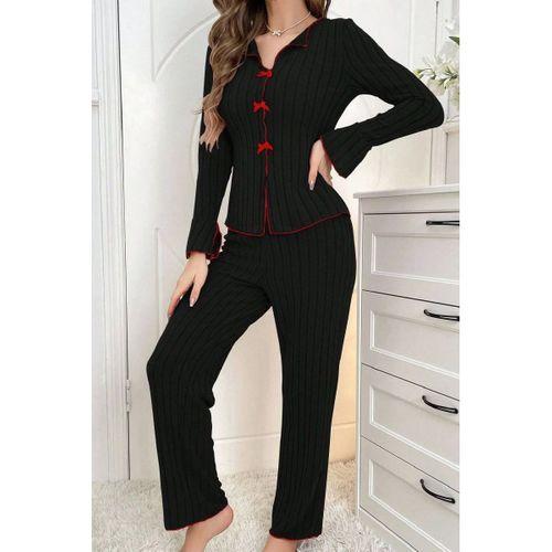 Kadın Siyah Kırmızı Biyeli Fiyonk Detaylı Uzun Kollu Mevsimlik Pijama Takımı Premium Ev Giyim