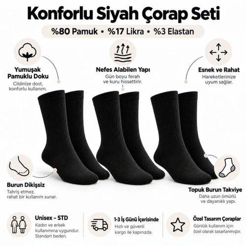 Unisex Siyah Soket Çorap 12'li Set Düz Basic Ribanalı Günlük Spor Esnek Rahat Uzun Çorap Konforlu Set