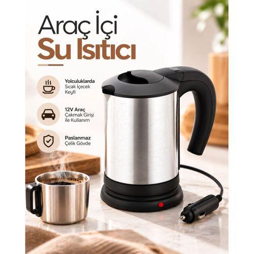 12v Araç Çakmak Girişli Paslanmaz Çelik Araç İçi Su Isıtıcı Seyahat Tipi Kettle