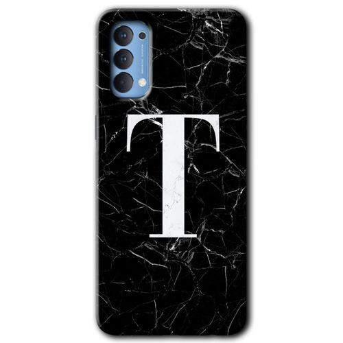 Oppo Reno 4 Kılıf HD Desen Baskılı Arka Kapak + Temperli Cam - Siyah Mermer Desenli T Harfi