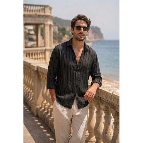 Ralph Çizgi Desenli Yumuşak Dokulu Rahat Kalıp Yazlık Erkek Gömlek - Siyah