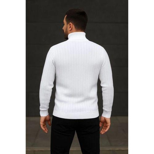 Erkek Balıkcı Yaka Bağazlı Triko Kazak Pamuklu Kalın Fitilli Dokuma, Regular Fit Uzun Kollu Kışlık Model - Beyaz