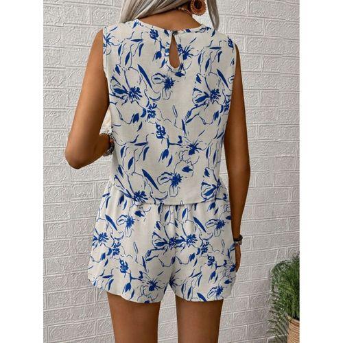 Kadın Kolsuz Yuvarlak Yakalı Desenli Bluz Ve şort Ikili Takım