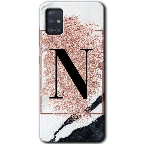 Galaxy A51 Kılıf HD Desen Baskılı Arka Kapak - Pembe Mermer Desenli N Harfi + Kırılmaz Cam