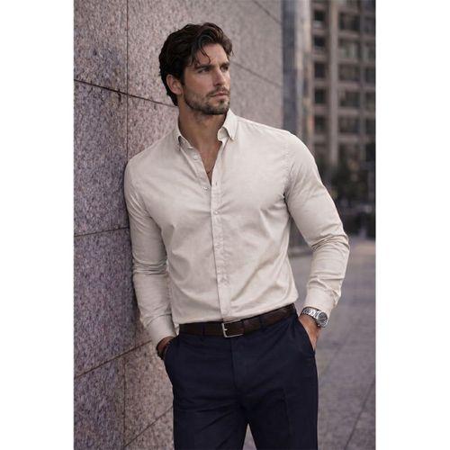 Likralı Regular Fit Nefes Alabilir Klasik Erkek Oxford Gömlek -Taş