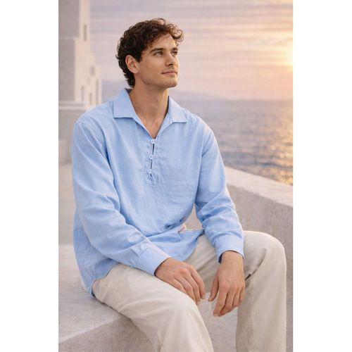 Baldwin Apaş Yaka Britli 3 Düğmeli İnce Modal Kumaş Oversize Uzun Kollu Yazlık Erkek Gömlek - Soğuk Mavi