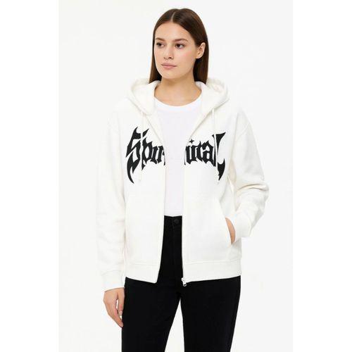 Oversize Kapüşonlu Sweatshirt Hoodie 3 İplik Şardonlu Pamuklu Kumaş, Önü Baskılı, Fermuarlı Rahat Kalıp, Kışlık Ve Sokak Stili Sweat - Beyaz