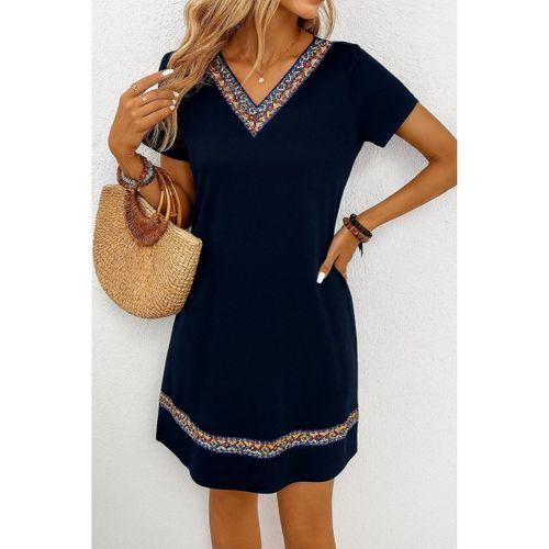 Kadın Kısa Kollu V Yakalı Etnik Desen şerit Detaylı Viskon Elbise