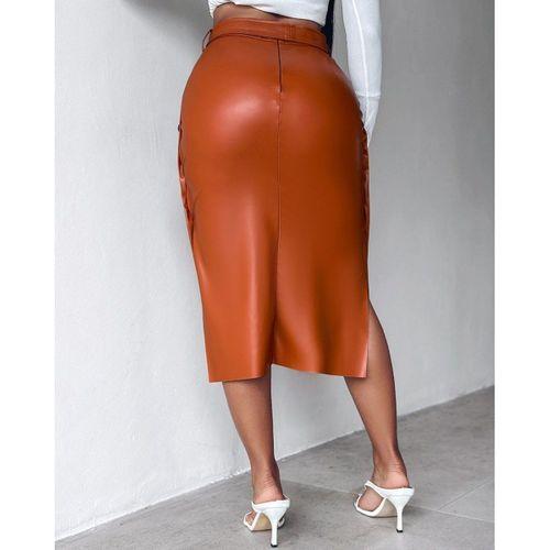 Kadın Yüksek Bel Kuşaklı Yanlardan Düğmeli Mini Deri Etek