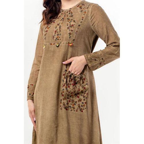 Uzun Kol Sultan Tek Cepli Yazlık Uzun Poplin Elbise Toprak Tprk