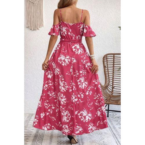 Kadın Ip Askılı Kısa Kollu Kruvaze Yakalı Yırtmaçlı Desenli Süprem Elbise