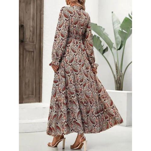 Kadın Uzun Kollu V Yakalı Beli Lastikli Desenli Süprem Elbise