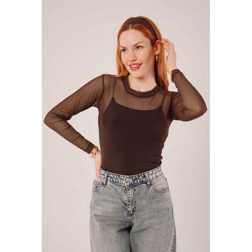 Transparan Kahverengi Tül Basic Bluz