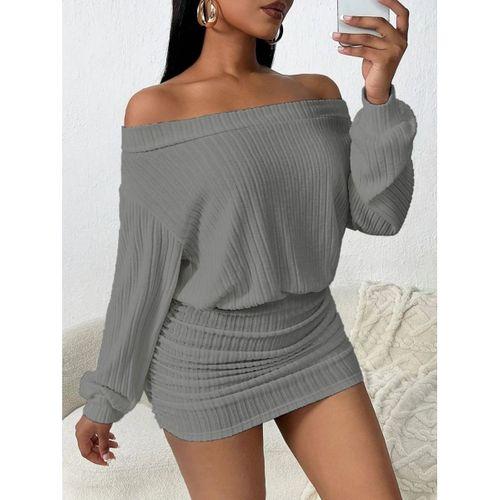 Kadın Uzun Kollu Madonna Yaka Yanlardan Büzgülü şardonlu Kaşkorse Mini Elbise