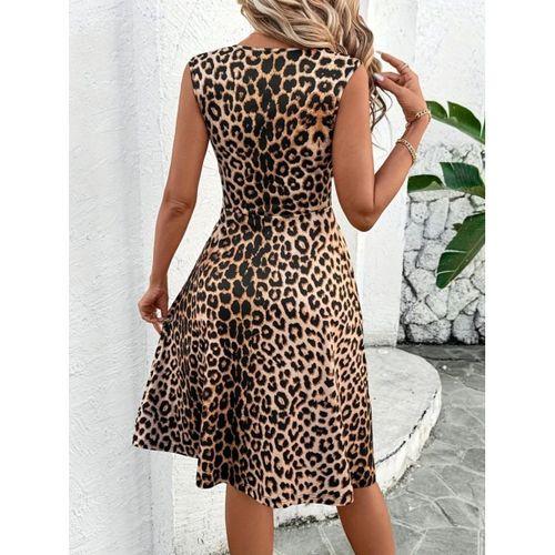 Kadın Sıfır Kollu önden çapraz Detaylı Leopar Desenli Süprem Elbise