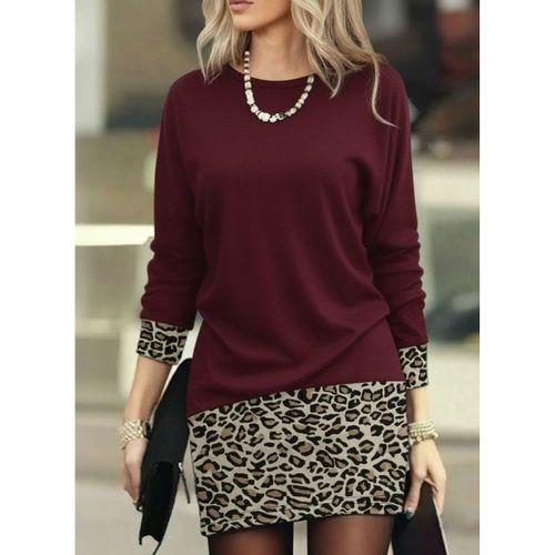 Kadın Uzun Kollu Bisiklet Yaka üst Viskon Iki Iplik Alt Leopar Desenli Mini Elbise