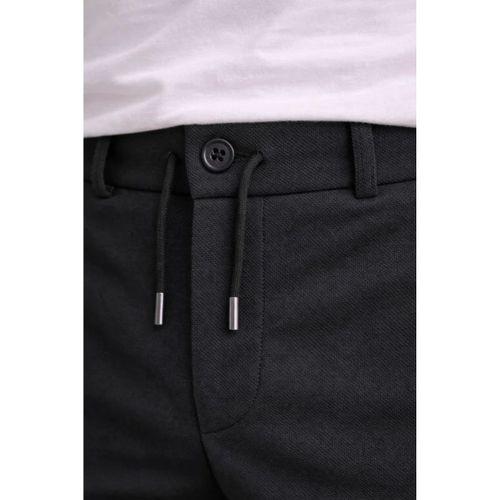 Erkek Diagonel Mikro Dokulu Duble Paça Cepli Pantolon Bağcıklı Bel, Modern Kesim - Siyah