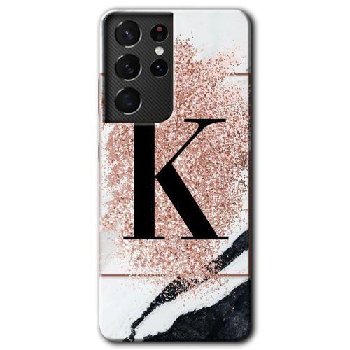 Samsung Galaxy S21 Ultra HD Baskılı Kılıf + 9D Tam Ekran Koruyucu - Pembe Mermer Desenli K Harfi