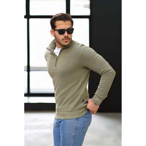 Selanik Örme Kumaş Yarım Fermuar Erkek Sweatshirt - Haki