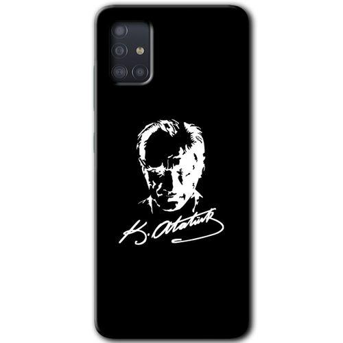 MRCİLETİSİM MRCİLETİSİM Samsung Galaxy A51 Kılıf HD Desen Baskılı Arka Kapak + Temperli Cam - Atatürk Silüet İmza