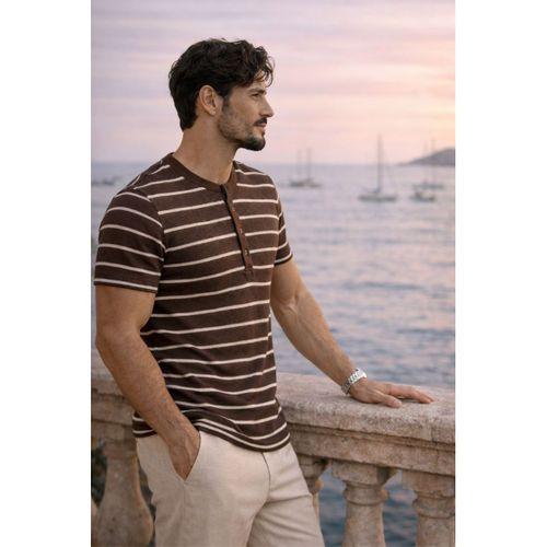 Kristof Pike Kumaş Regular Fit Düğmeli Yaka Kendinden Çizgili T-Shirt - Kahve