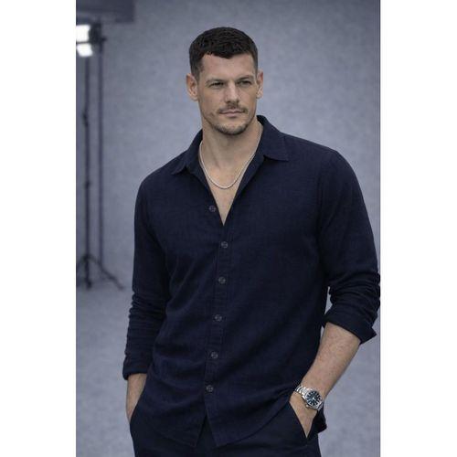 Apaş Yaka Oversize Müslin Kumaş Gömlek - Lacivert