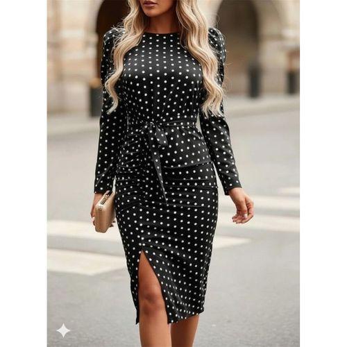 Kadın Uzun Kollu Yuvarlak Yaka Belden Kuşaklı önden Yırtmaçlı örme Krep Elbise