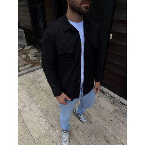 Erkek Diagonal Kumaş Cepli Çıtçıtlı Uzun Kollu, Gömlek Oversize Rahat Kalıp Günlük Şık Stil - Siyah
