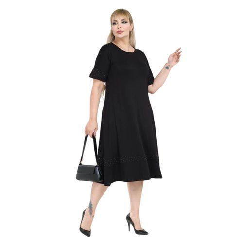 Melsay Butik Siyah Taş Baskılı Şerit Kısa Kollu Midi Elbise
