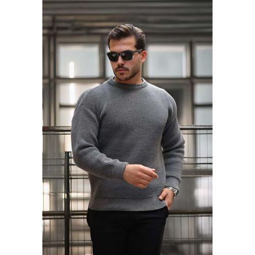 Oversize Selanik Örgülü Bisiklet Yaka Erkek Triko Kazak - Füme